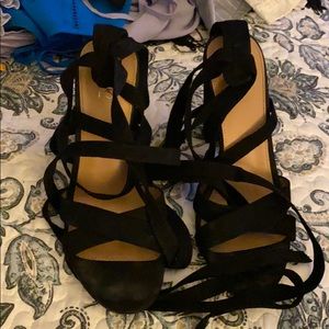 Black lace up wedge heel sandal
